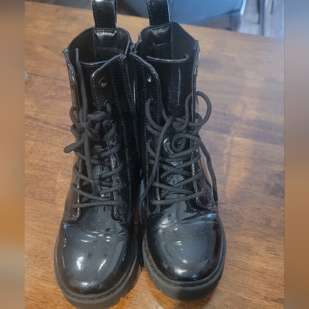 SIZE 1 GIRLS Black GLITTER Leather Combat Boots
